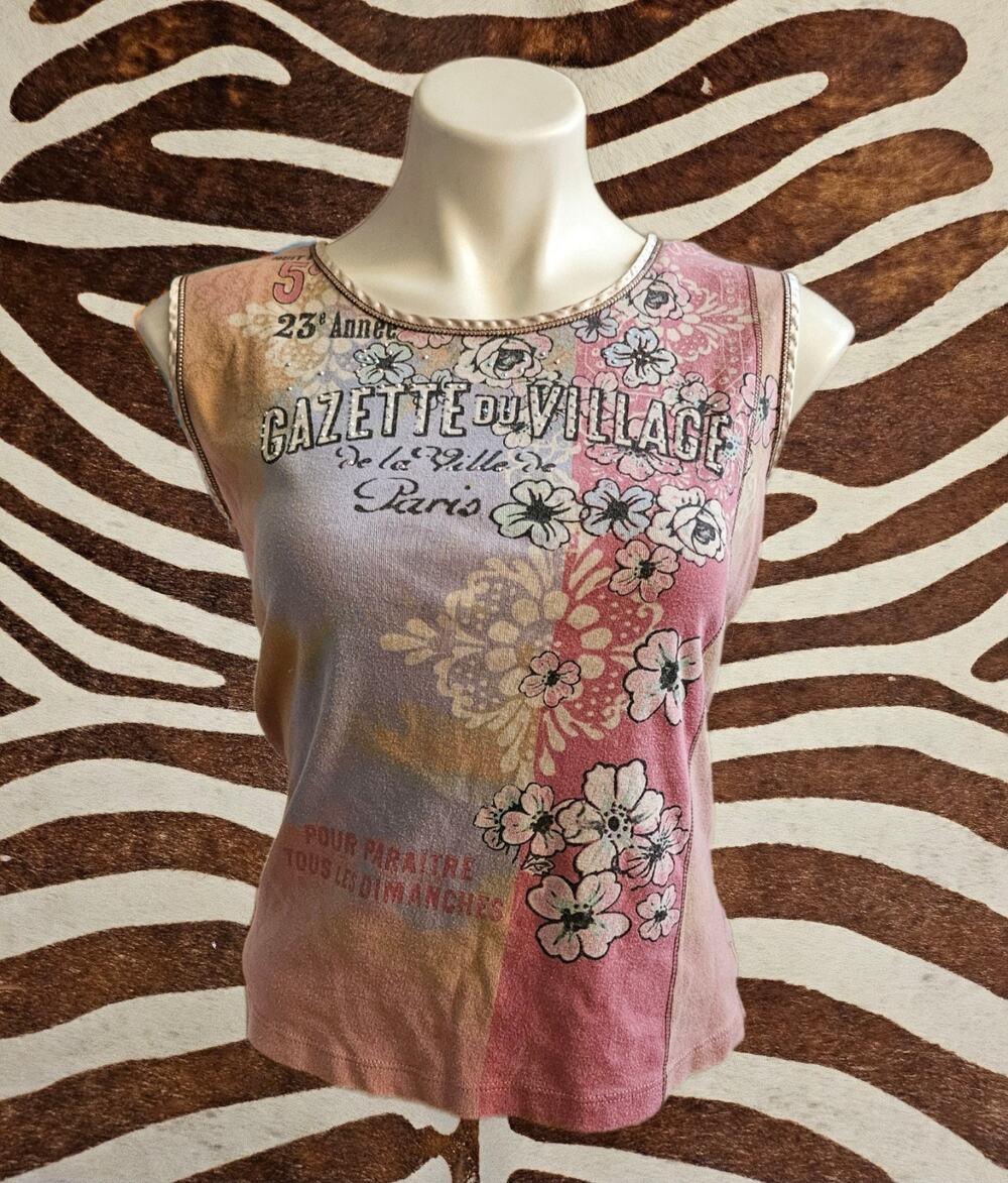 Vintage Y2K Vanilla Sugar Rhinestone Floral Tank Top Gazette du Village Paris L
